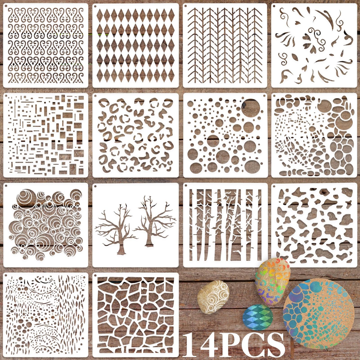 14Pcs Card Making Stencils, Mabor Stencils Set for Crafts Reusable Mixed Media Stencils for Wall Floor Decor Branches Patterns Stencils for DIY Crafts