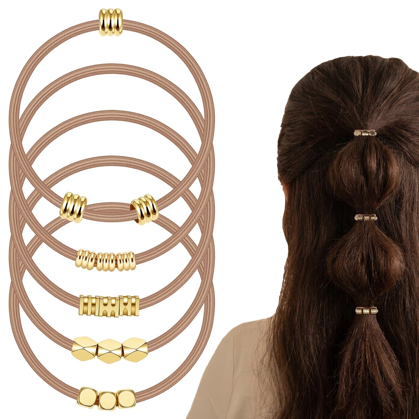 Chsoejuf 5PCS Light Brown Boho Elastic Hair Tie Bracelets with Gold Beads