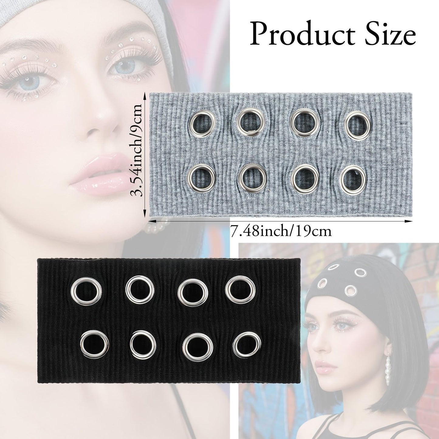 Grommet Headband for Women, Wide Black & Grey Elastic Headband with Holes, Y2K Eyelet Hair band Stretchy Gothic Rock Hair Accessory for Women