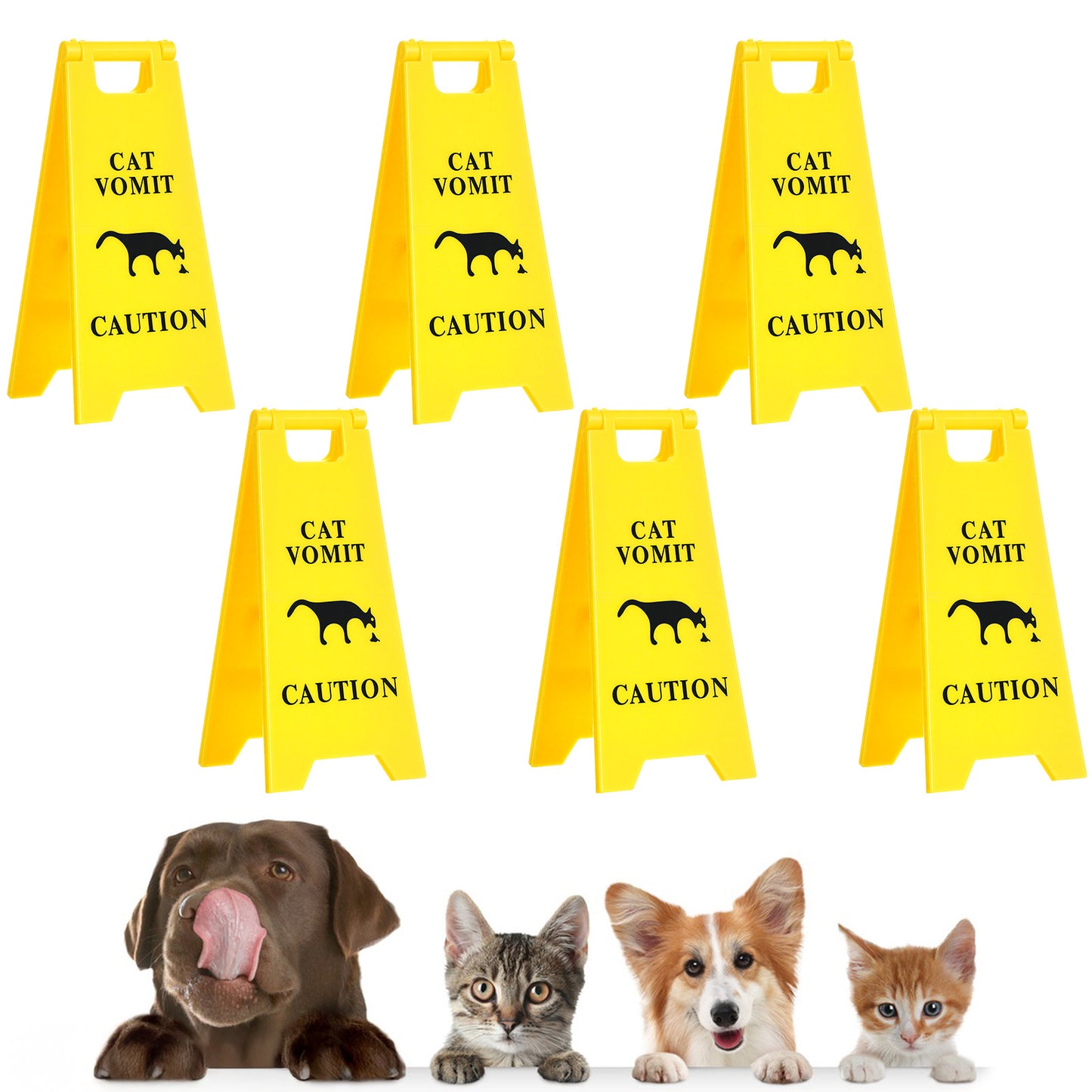 6 PCS Cat Vomit Caution Sign, 3D Double-sided Printed Funny Cats Warning Barf Signs Decor, Mini Funny Novelty Table Desk Plaque, Perfect Gag Gifts for Cat Lovers and Humor Enthusiasts (5 Inch, Yellow)