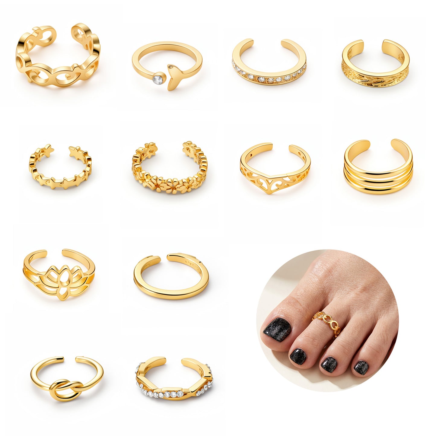 Tyqour Gold Toe Rings for Women Non Tarnish 12 Pcs Gold Toe Ring Adjustable Open Rings for Women Copper Durable Summer Beach Foot Jewelry