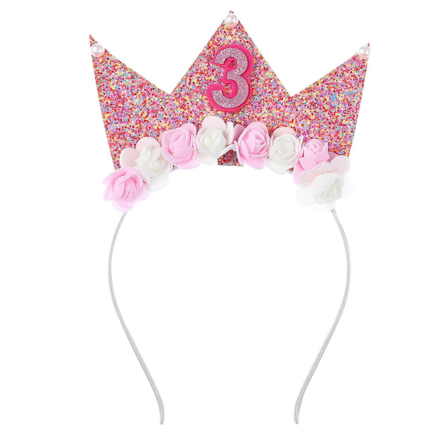 Nogeqi 3th Birthday Crown for Girls with Flower,Shiny Birthday Decorations Girl in Head for Children's Party