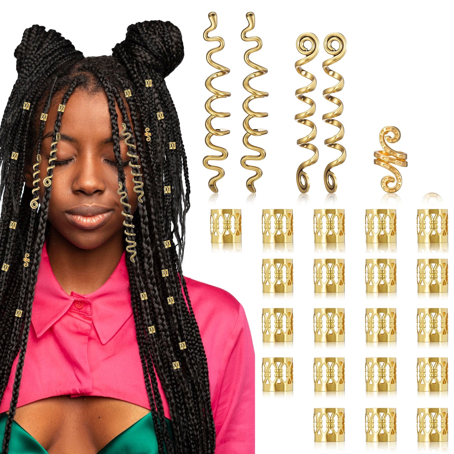 26Pcs Gold Hair Accessories for Black Women Braids Loc Jewelry for Dreadlock, Metal Dreadlock Beads Set Snake Hair Clips Decoration 4 Style