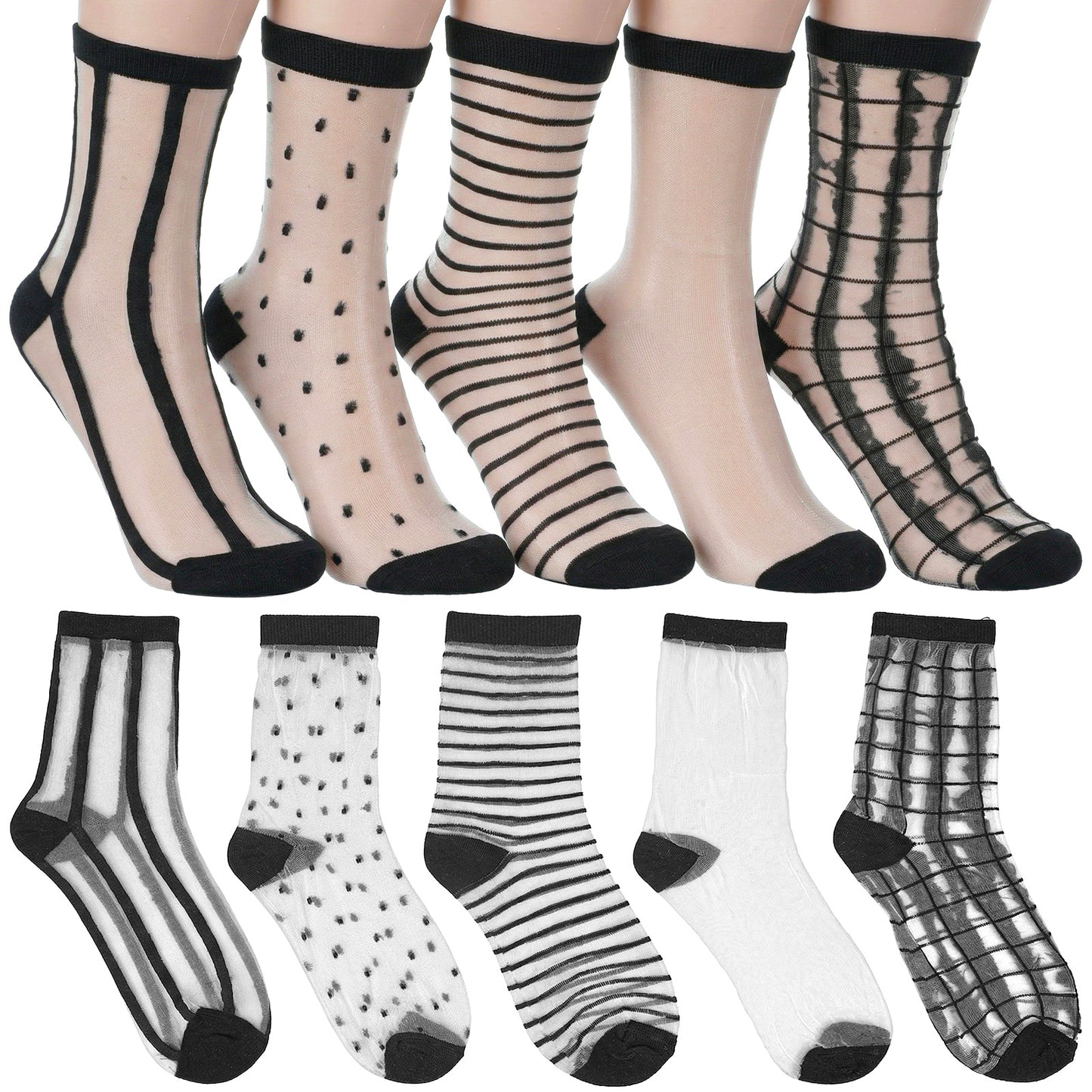 Ouligay 5 Pairs Womens Sheer Socks Women Girls, Black Transparent Sheer Ankle Sock, Casual See Through Mesh Socks Thin Summer Sock for Women, Checkered, Dots, Stripes