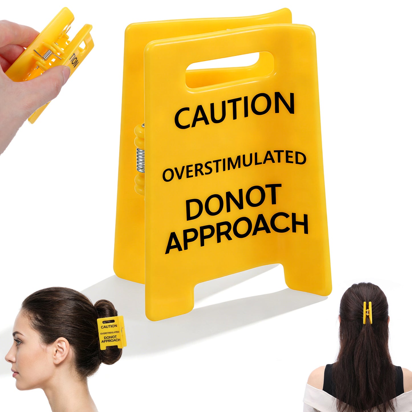Overstimulated Caution Sign Hair Claw Clip, Funny Yellow Hair Clip for Thick Hairs, Novelty Overstimulated Hairs Accessory, Gag Gift for Women and Friends