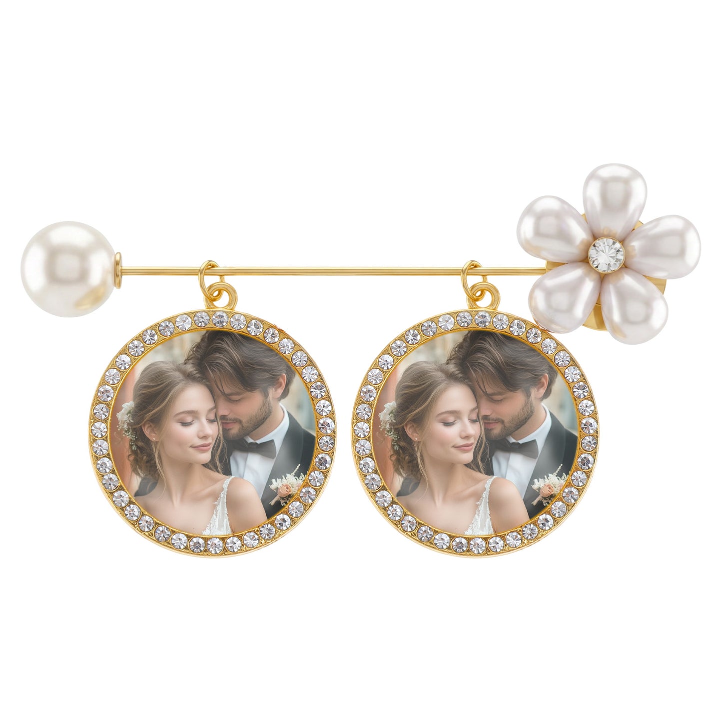 Shimmeroo Wedding Bouquet Photo Charms, Pearl Bouquet Picture Charm, Antique Memorial Photo Charm Pins for Bride, Keepsake Gift for Wedding Memory Graduation Remembrance DIY Gold Boutonniere