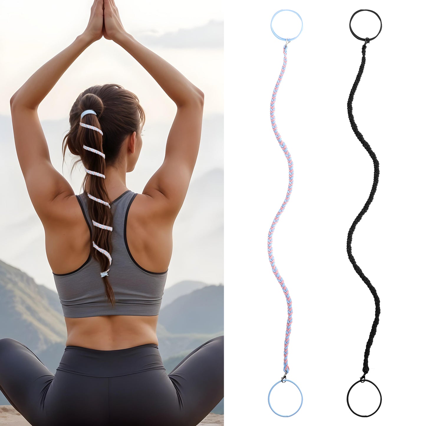 Tyqour 2pcs 31inch Spiral Hair Ties for Women, Black & Pink Blue Braided Hair Ties, Elastic Ponytail Holders for Long Hair, No Damage Sports Hair Bands