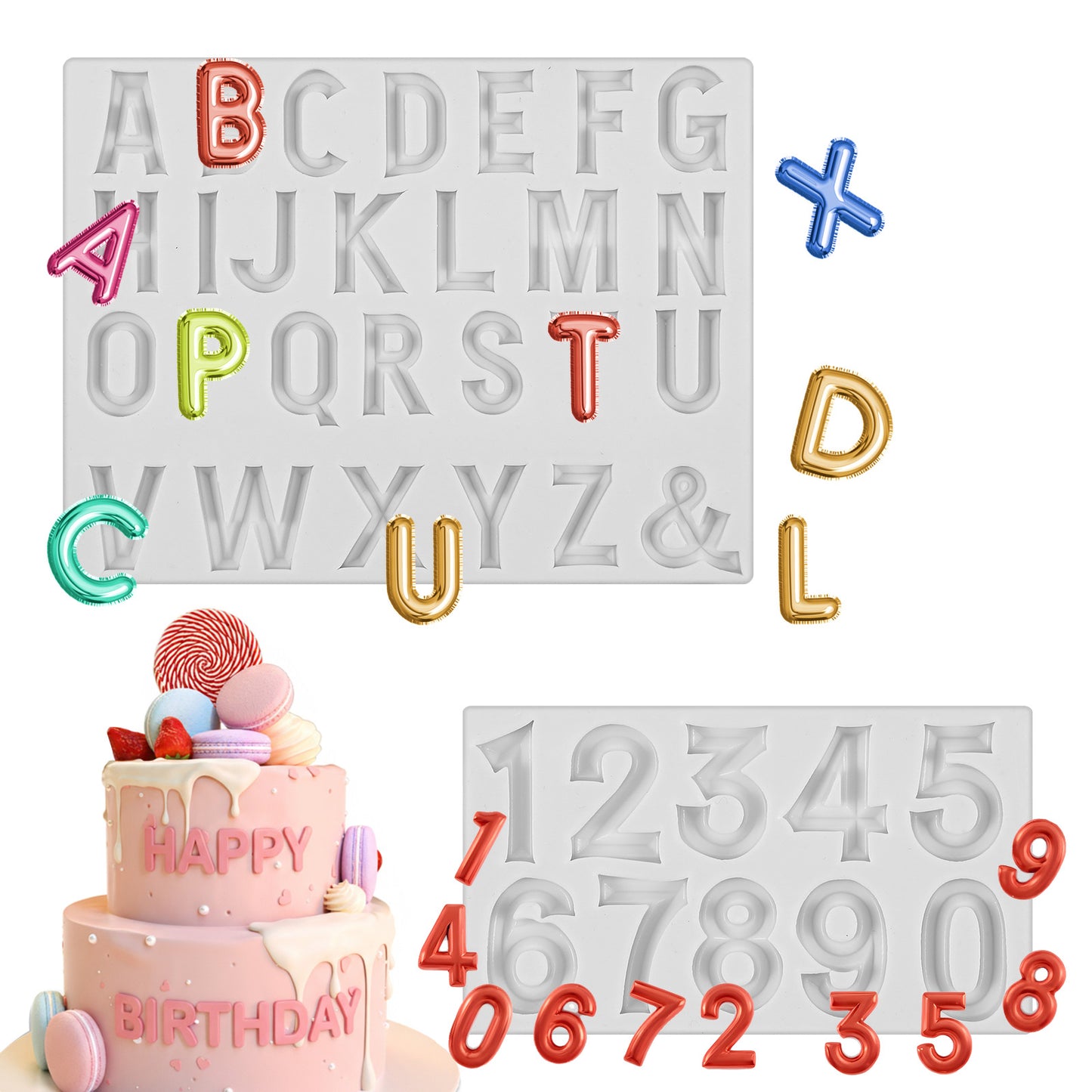 2 Set Ymapinc Silicone Moulds,Silicone Letter Mould, Chocolate Moulds, Chocolate Letter Mould, Resin Alphabet Mold, Happy Birthday Cake Decor Tools