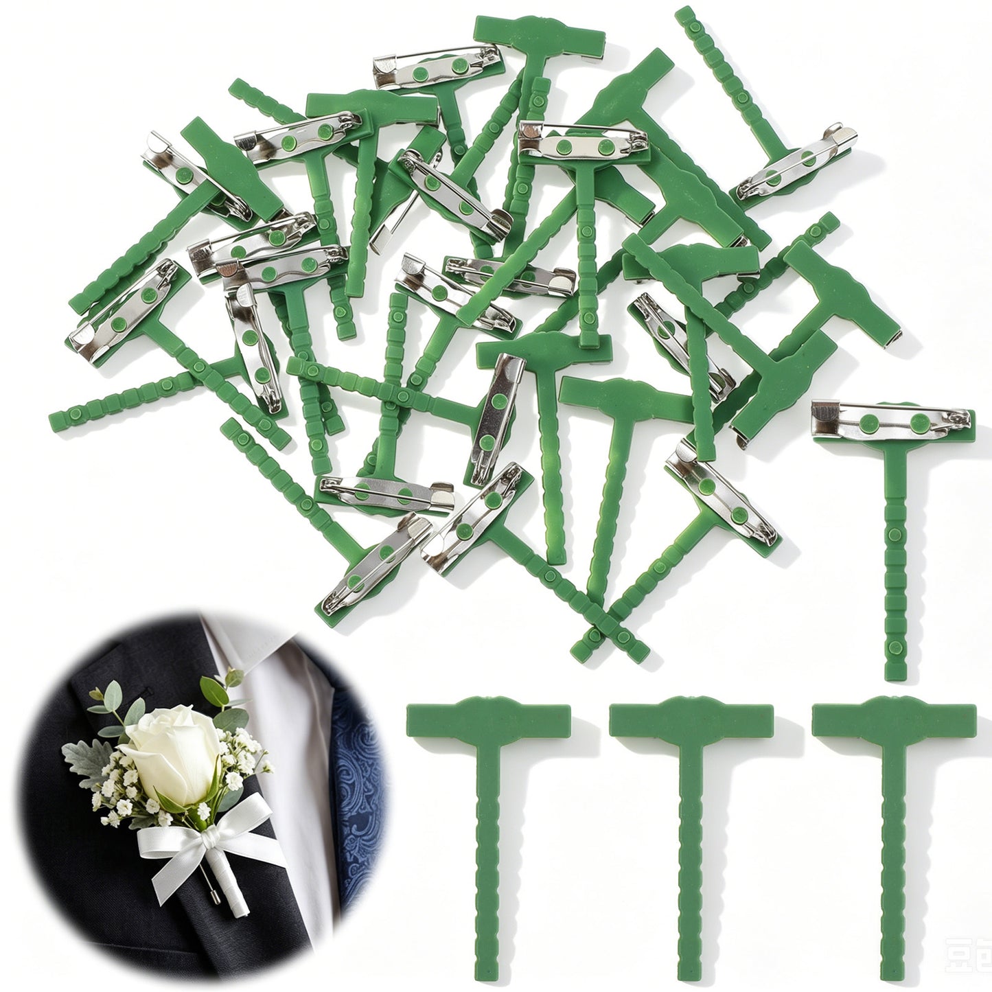 30Pcs Boutonniere Safety Pins, T-Shaped Plastic Pins for Wedding Events