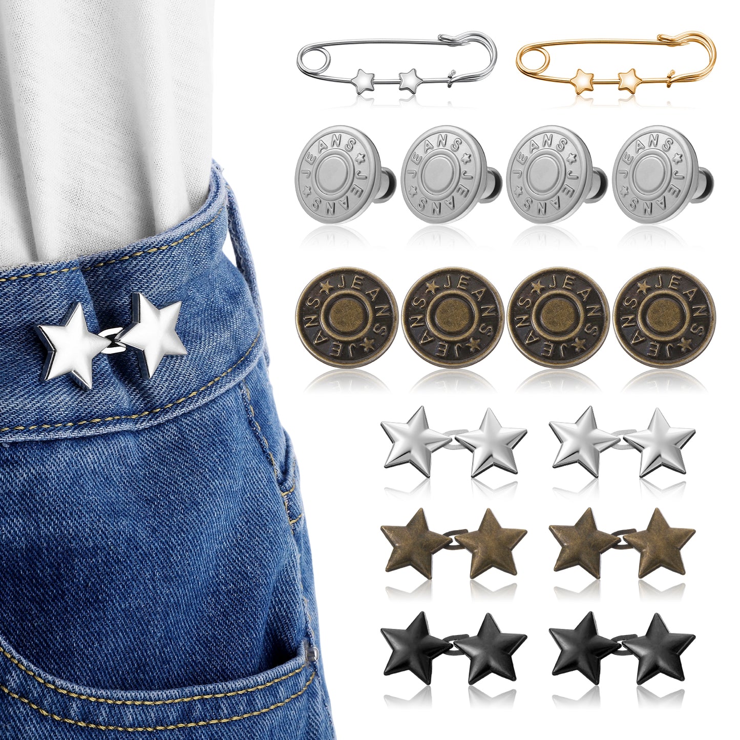Ouligay 16 Sets Buttons Pins for Loose Jeans No Sew Jean Waist Tightener Adjustable and Reusable Star Buttons Replacement Metal Pants Waist Tightener Silver