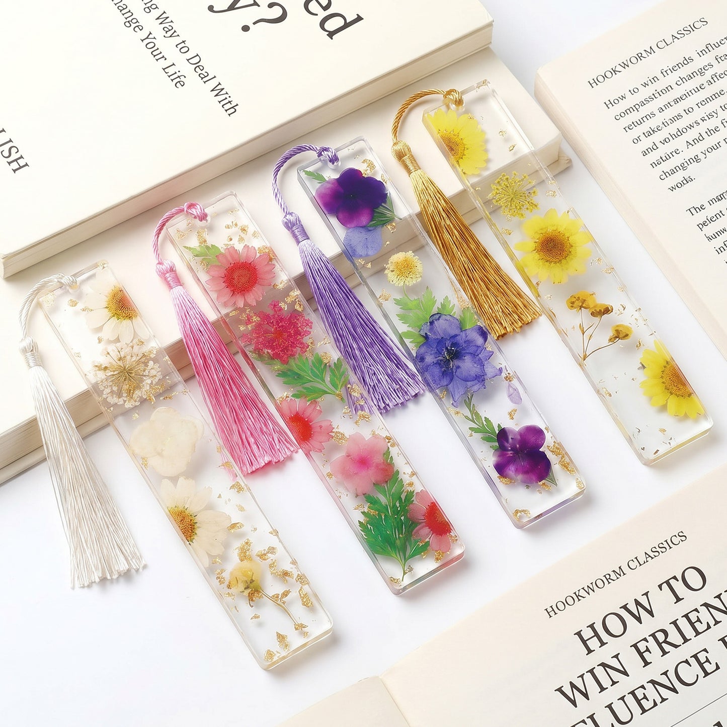 RAHHLIZS 4PCS Dried Flower Resin Bookmark with Silky Tassel, Personalized Bookmarks for Women, Teachers, Book Lovers Reading Gifts