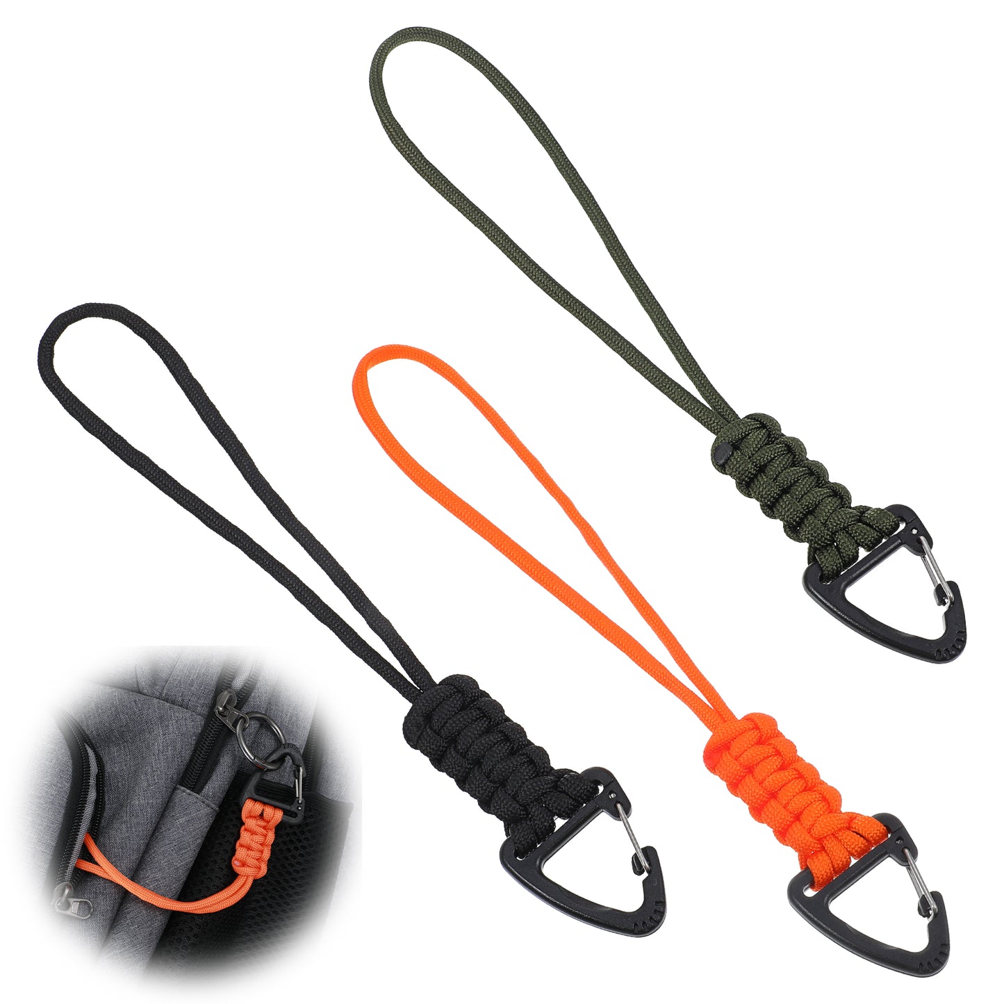 3 Pack Paracord Keychain Lanyard with Carabiner Clip Hook Braided Lanyard Key Chain Triangle Buckle Lock Clips Hooks for Outdoor Survival Camping Hiking Backpacking Fishing Black Green Orange