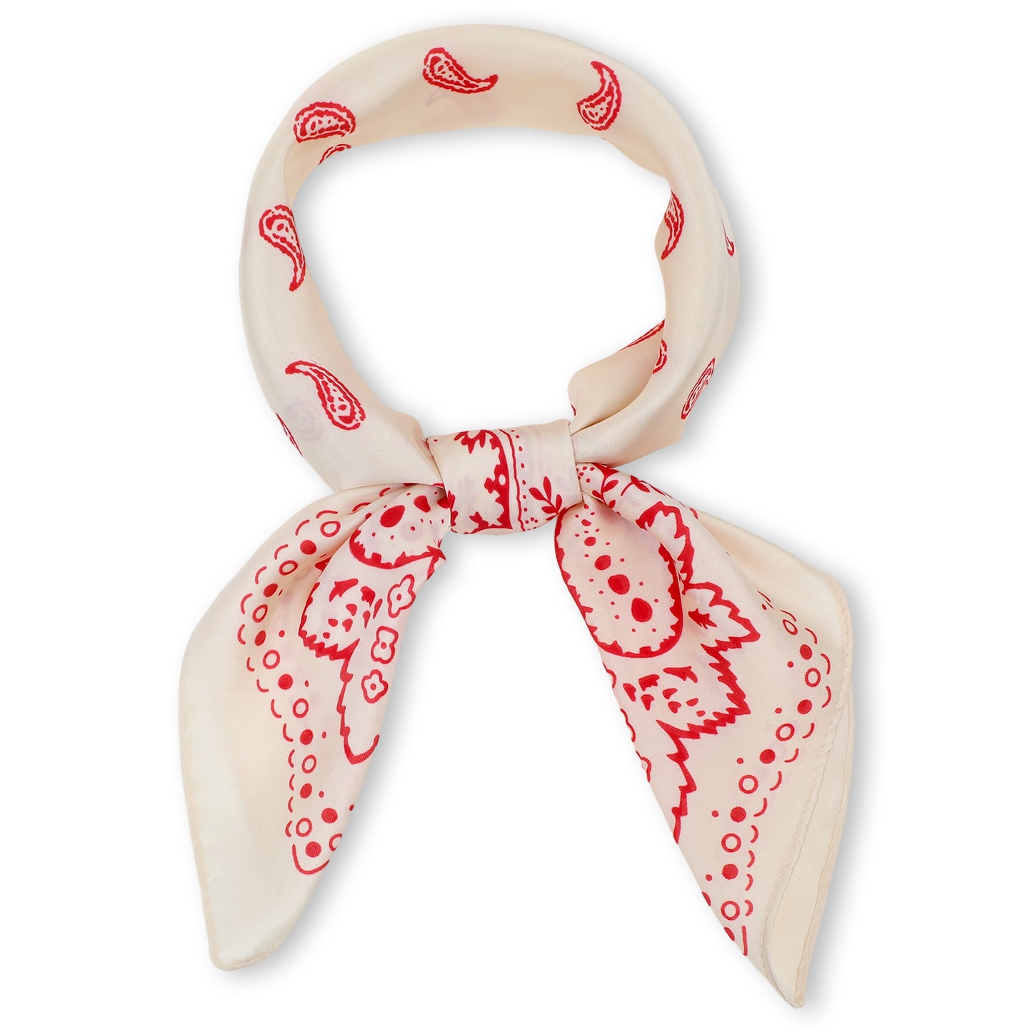 Shimmeroo Silk Neck Scarf for Women, 26.7 Inch Red and Beige Satin Printed Neckerchief for Women Hair, Soft Medium Square Bandanas