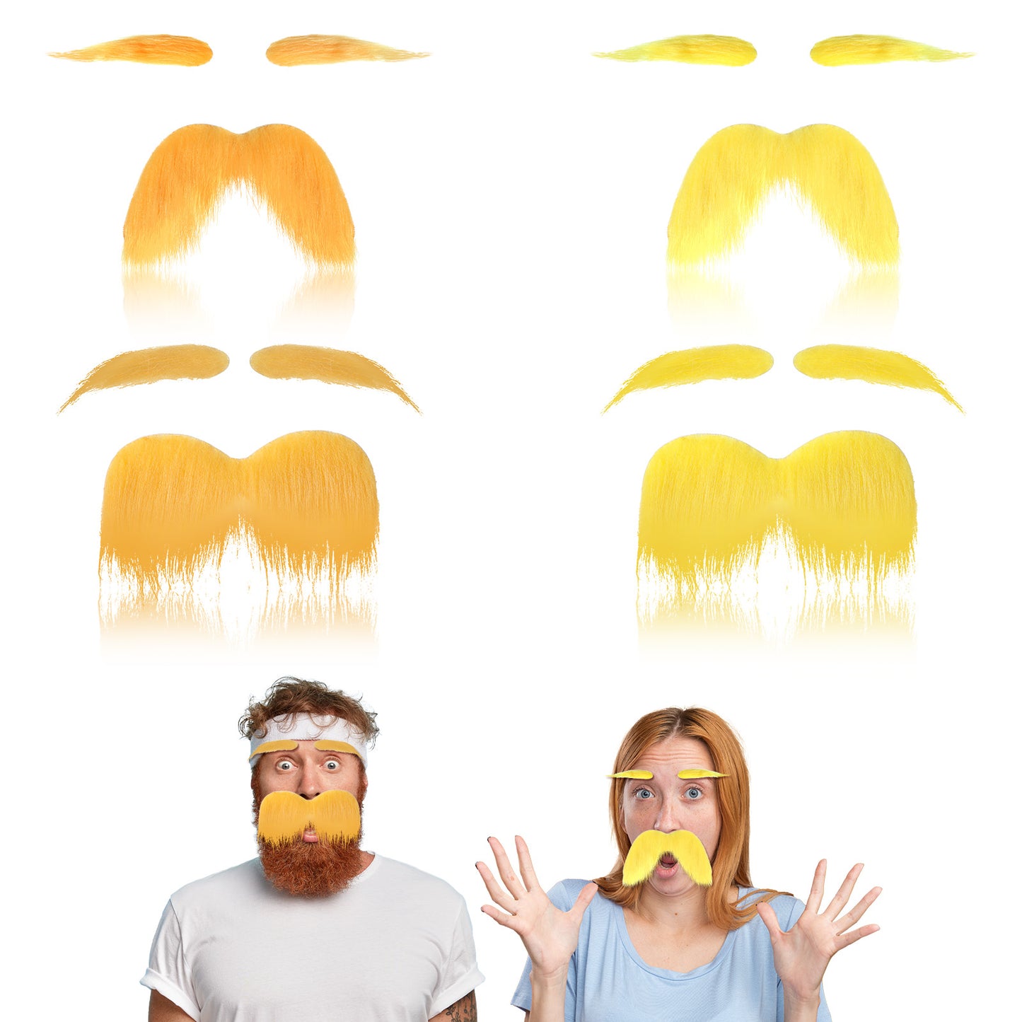 Matwsec 4 Set Yellow Moustache and Eyebrows, Self Adhesive Fake Beard and Eyebrows Stick on Mustache for Adults Halloween Cosplay Costume Party Favors