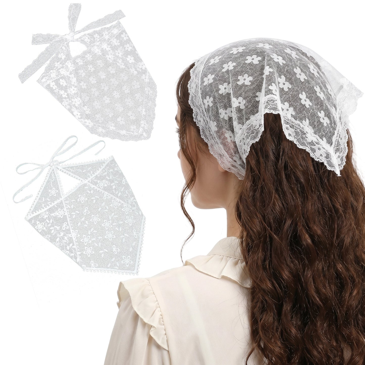 Matwsec 2 PCS Lace Head Scarf White Lace Bandana Flower Hair Scarf Vintage Triangle Hair Scarves Kerchief for Women