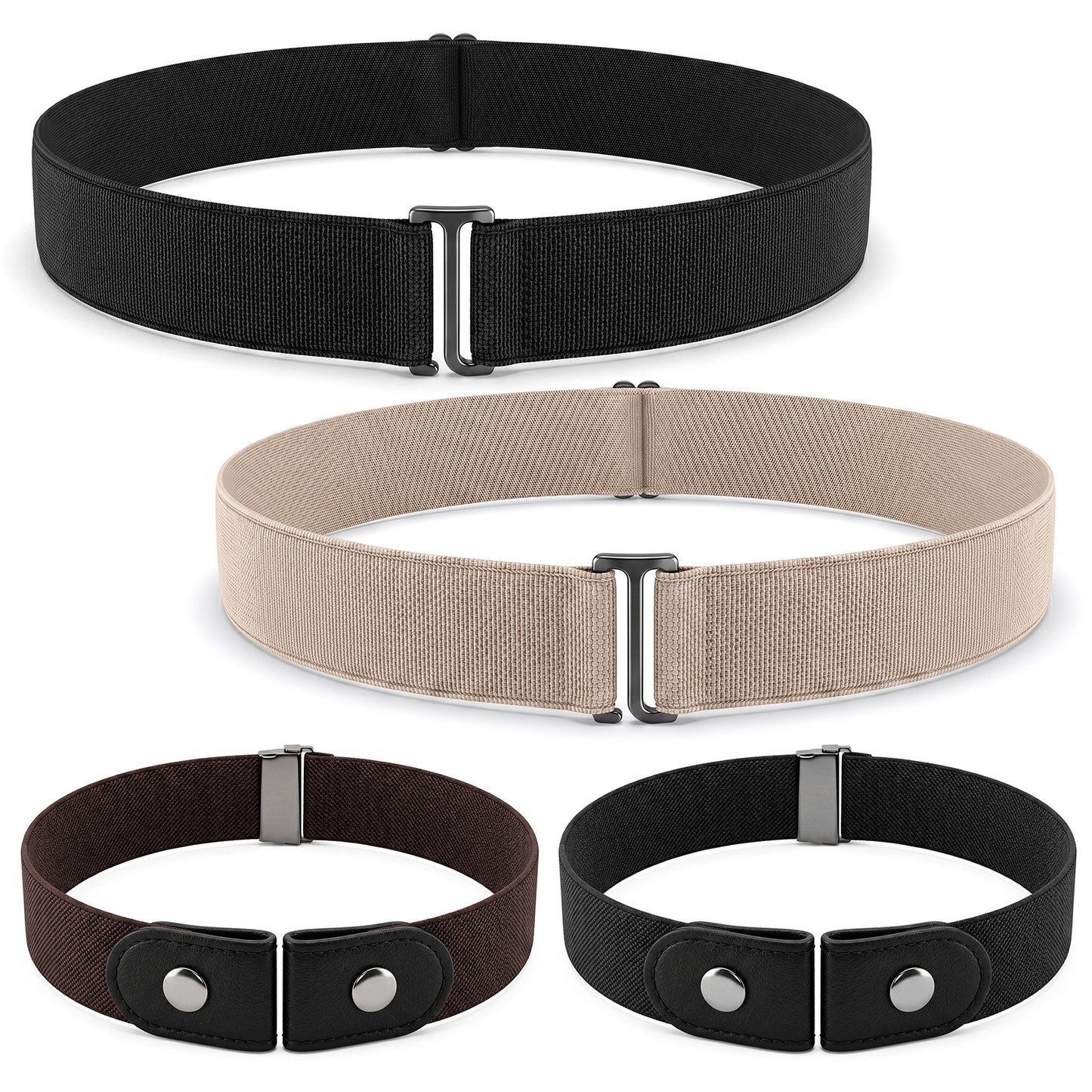 RAHHLIZS 4 PCS Elastic No Buckle Belt, 3 Colors No Buckle Stretch Belt for Women Men, Comfortable Invisible Adjustable, Sturdy Buckleless Belts for Jeans Pants Skirts (Black, Khaki, Brown)
