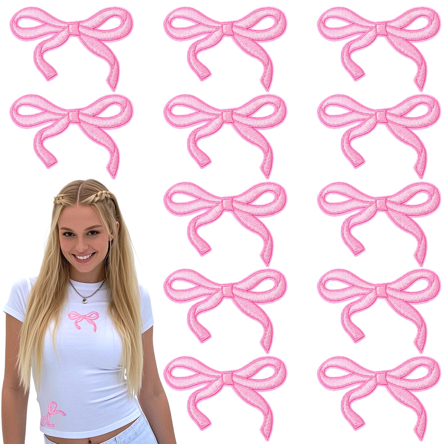 Tyqour 12pcs Pink Bow Clothes Patches Iron On, Small Cute Bow Embroidery Patches for Jackets, Hats, Bags, DIY Crafts