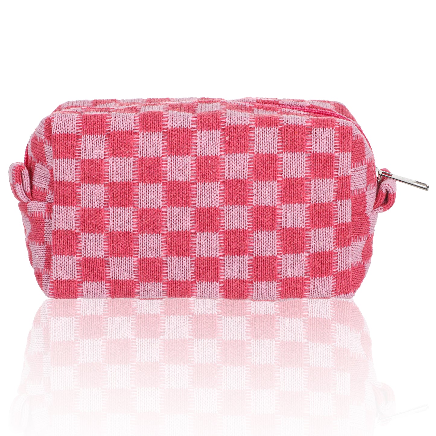 Tyqour Small Checkered Makeup Bag for Purse, Portable Zipper Cosmetic Pouch Cute Skin Care Bag Knitting Travel Pouch for Women Preppy Travel Accessories (Pink, 6.69 X 2.76 Inch)