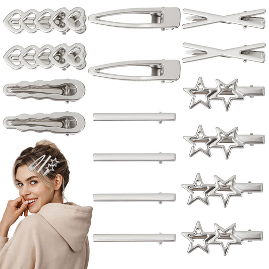 16pcs Star Hair Clips,Silver Hair Clips Metal Star Barrettes,Punk Y2k Accessories,Kawaii Hairs Clip In 8 Unique Shapes, 2000s Silver Hairs Accessories,Styling Stars Hairpin Cool Barrettes Hairpin Set
