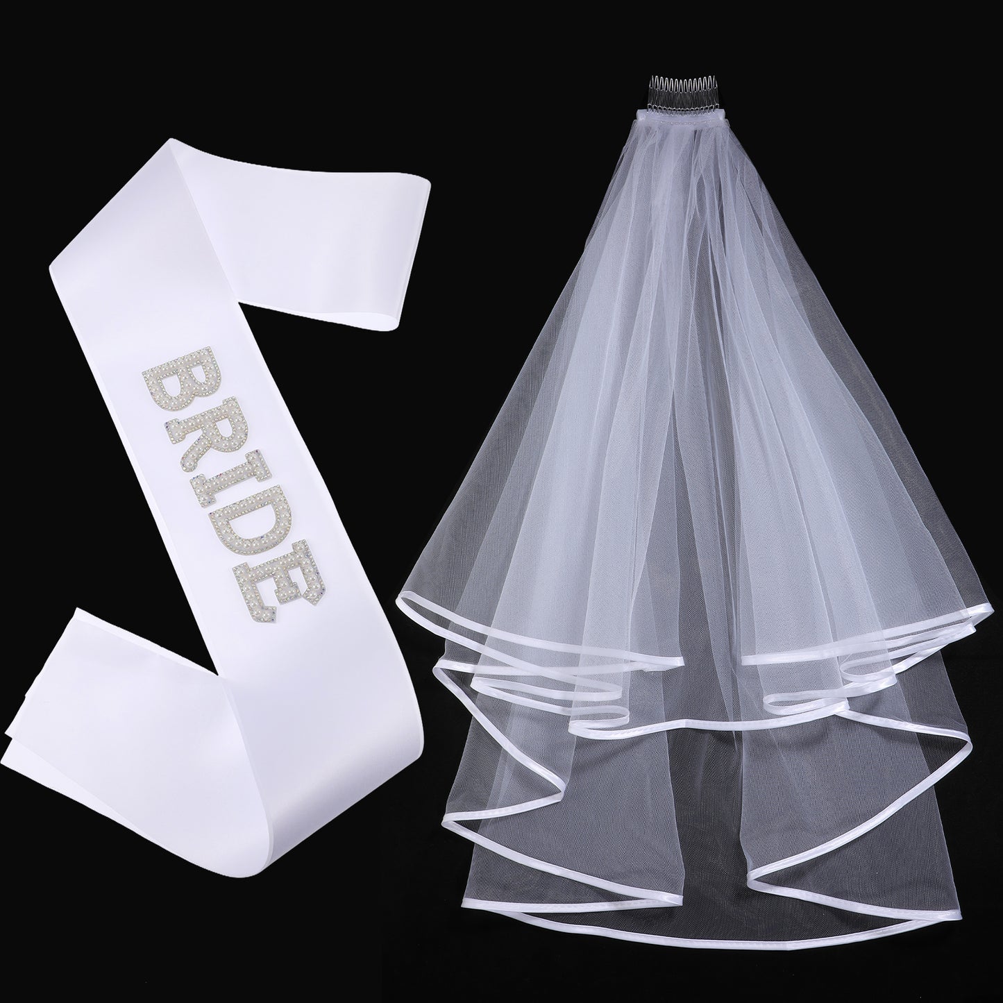 Ymapinc Bridal White Veil and Sash,Bride Bachelorette Accessories,Bach Party Favors Accessory, White Bridal Wedding Veil (32") and Bride Sash (63") Set