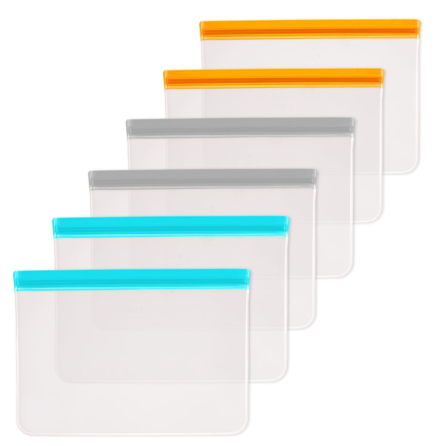 6 PCS Reusable Freezer Bags, 3 Sizes Silicone Food Storage Bags Dishwasher Safe, BPA Free Leakproof Reusable Sandwich Snack Bag for Candy, fruits, Cereal, Home Organization (3 Gray/2 Blue/1 Orange)