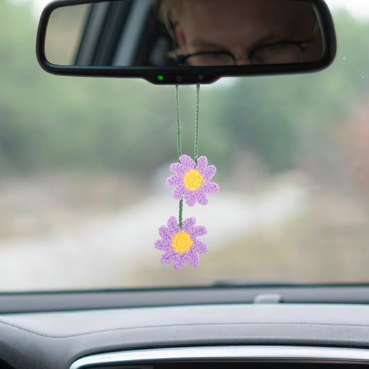 Ymapinc Purple Crochet Car Accessories, Flower Cute Car Accessories Rearview Mirror Hanging Charm Daisy Rear View Decor Pendant for Women Aesthetic Wall Decor Living Room Bag