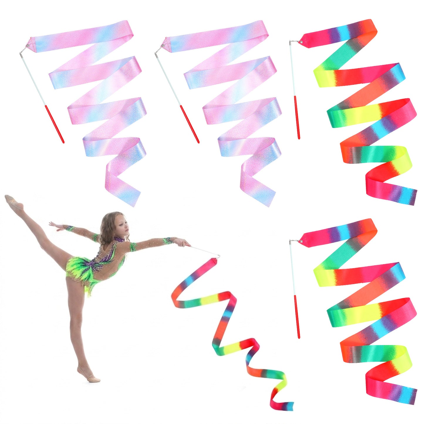 Sorcristy 4 Pack Rainbow Ribbon Dance Wands, Easter Gift Basket Filler, 78 Inch Rhythmic Gymnastics Streamers with Rod for Girls Adults Twirling Dancing