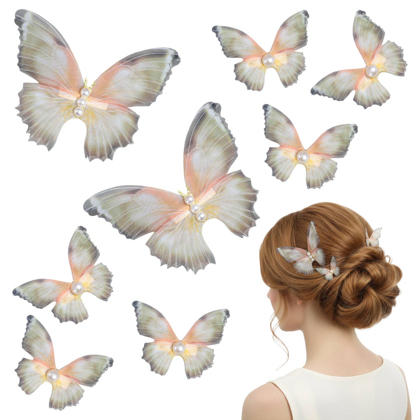 Ymapinc 8Pcs Rhinestone Butterfly Hair Clips for Women, 3D Moving Wings Pearl Fairy Accessories Cute Fairy Wings Butterfly Thick Thin Hair Pins - Olive Green