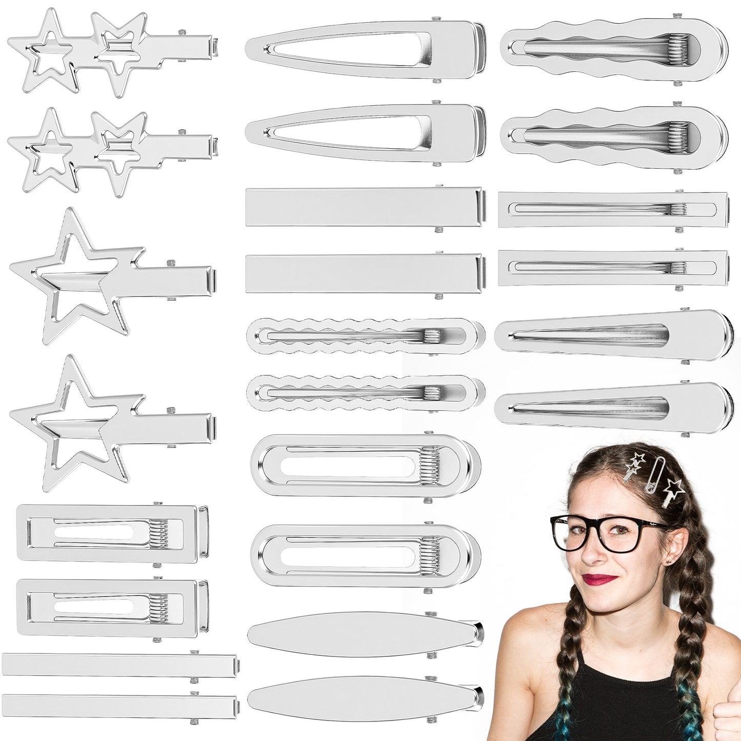 24 Pcs Y2k Hair Accessories Star Hair Clips Y2k Metal Snap Hairs Barrettes for Women Silver Cool Hairpin Set Punk Cute 2000s Goth Accessories for Thick Thin Hairs