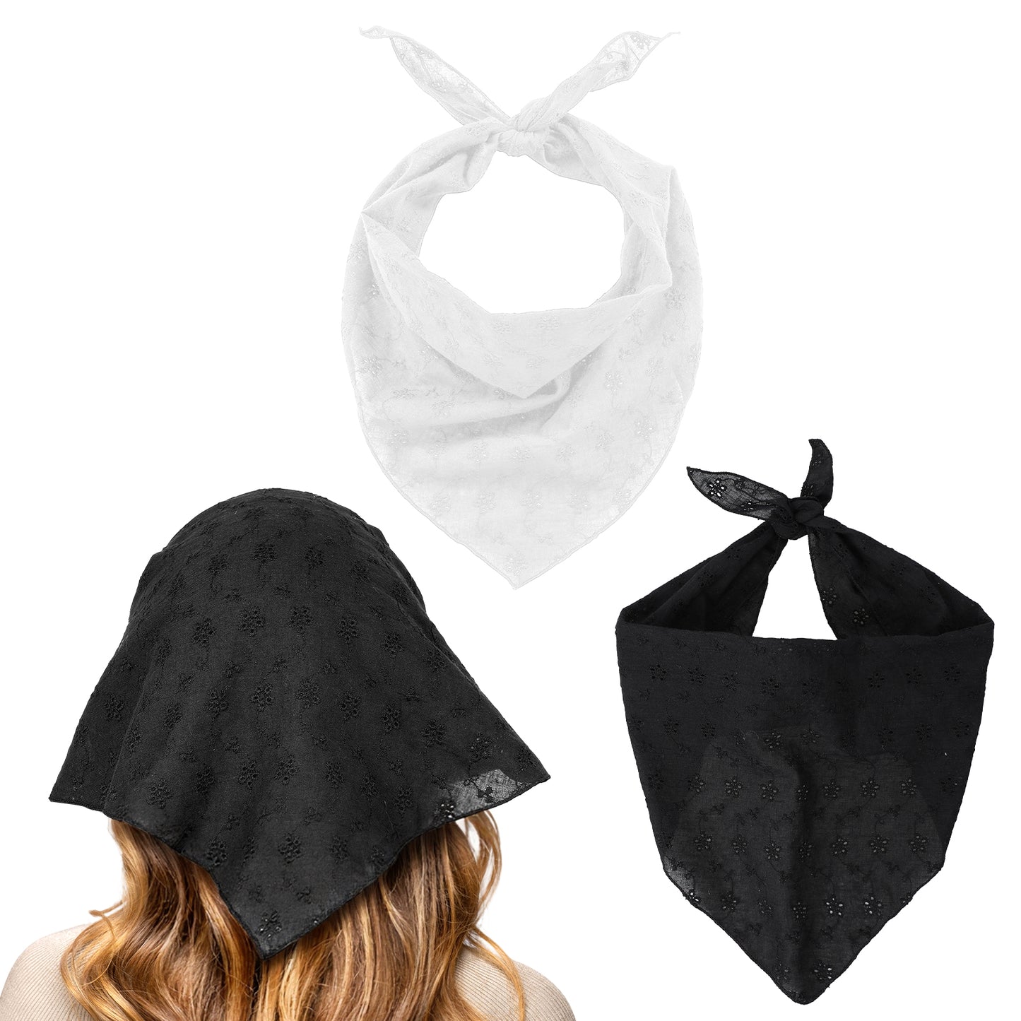 Nogeqi 2PCS Lace Bandana, Triangle Head Scarf, Cute Hair Bandana, Adjustable Hair Scarf Headband for Women Girls Stylish Head Kerchief Summer Accessories (White, Black)
