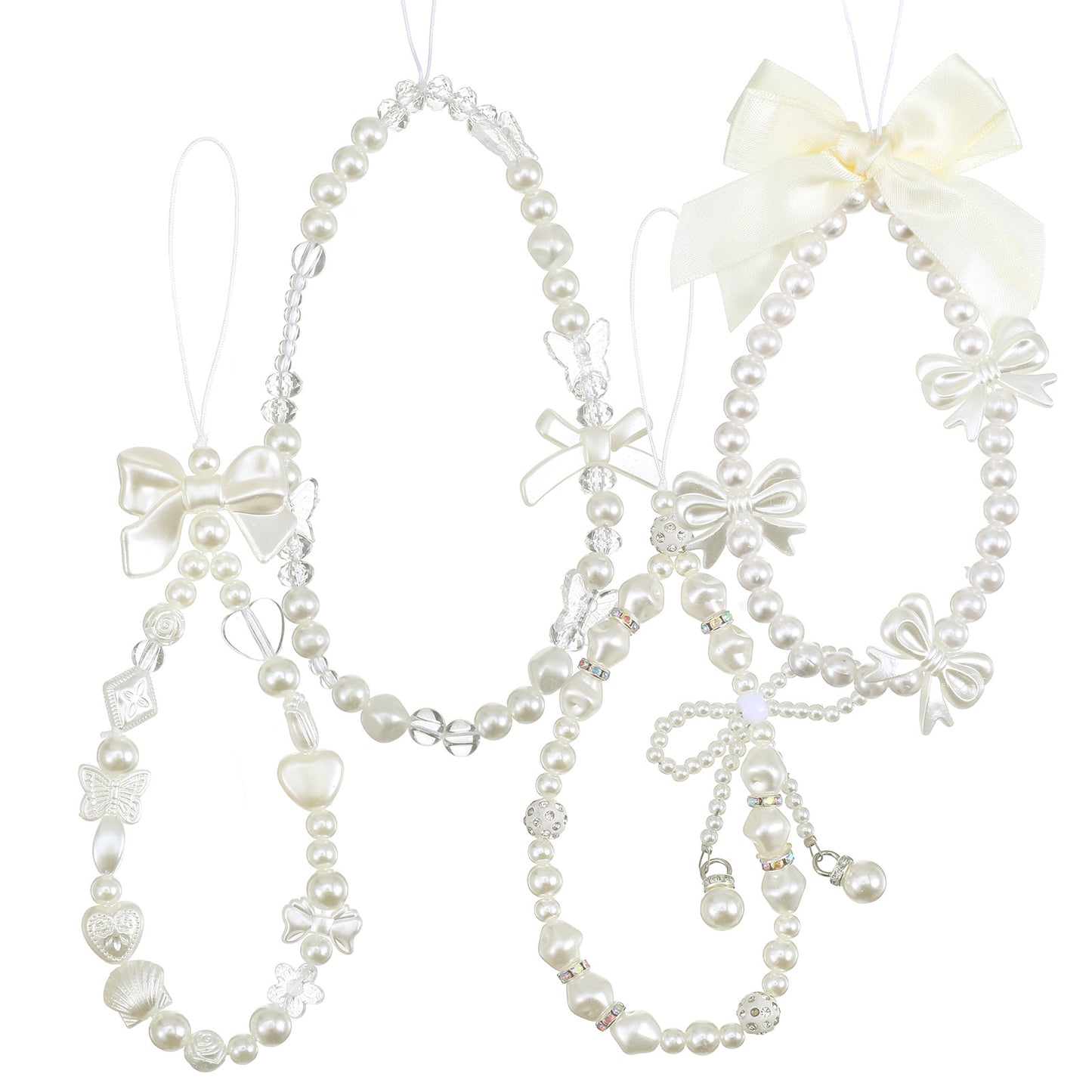 Ouligay 4 Pcs Phone Charm Wrist Strap, Cute Camera Strap, Butterfly Bow Beaded Phone Bracelet, Pearl Bracelet Lanyard Keychain Charm for Women, Y2k White Keychain