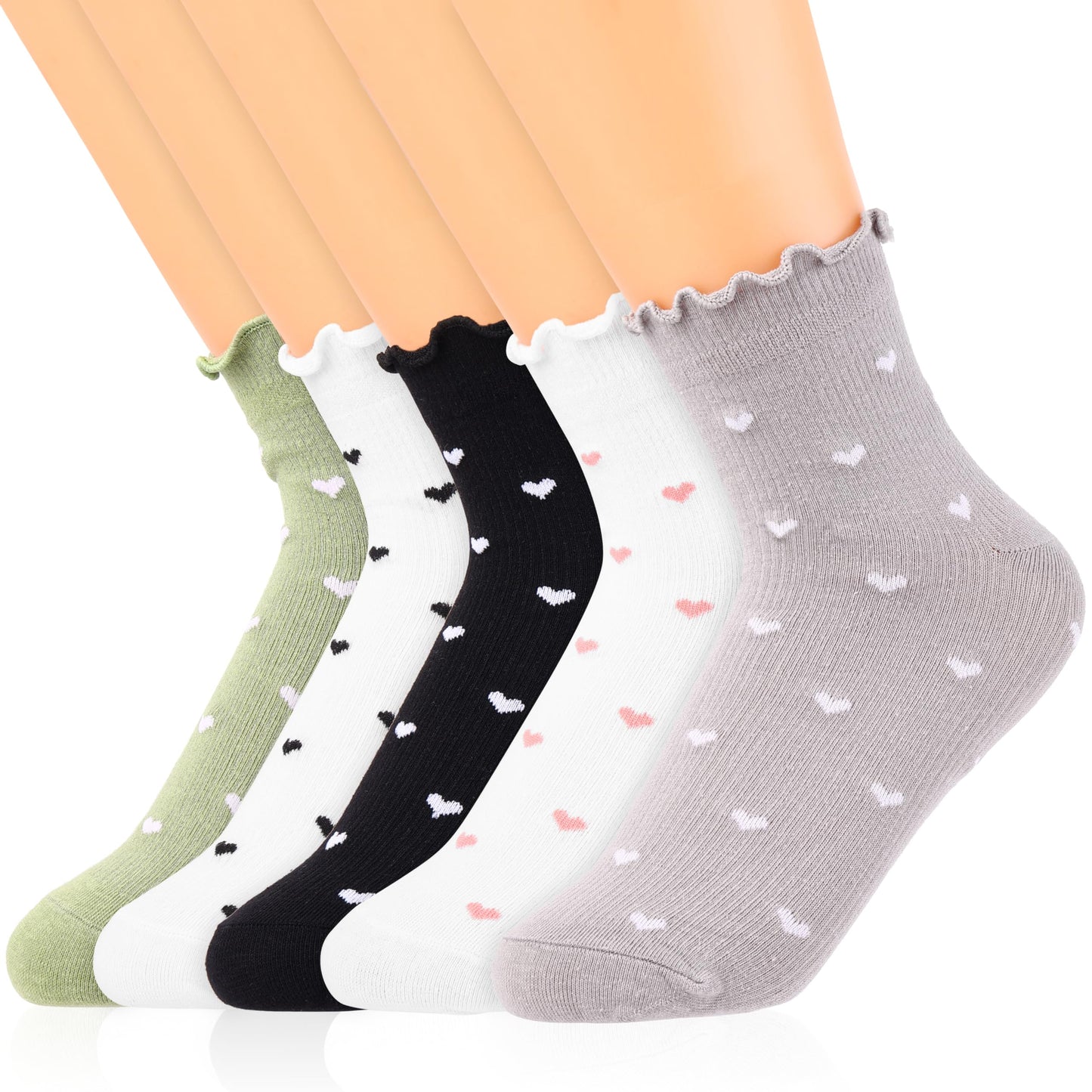 Ouligay 5 Pairs Ruffle Socks Ruffle Crew Socks Casual Cute Ankle Socks Frilly Ankle Socks Cotton Knit Lettuce Socks for Women Girls