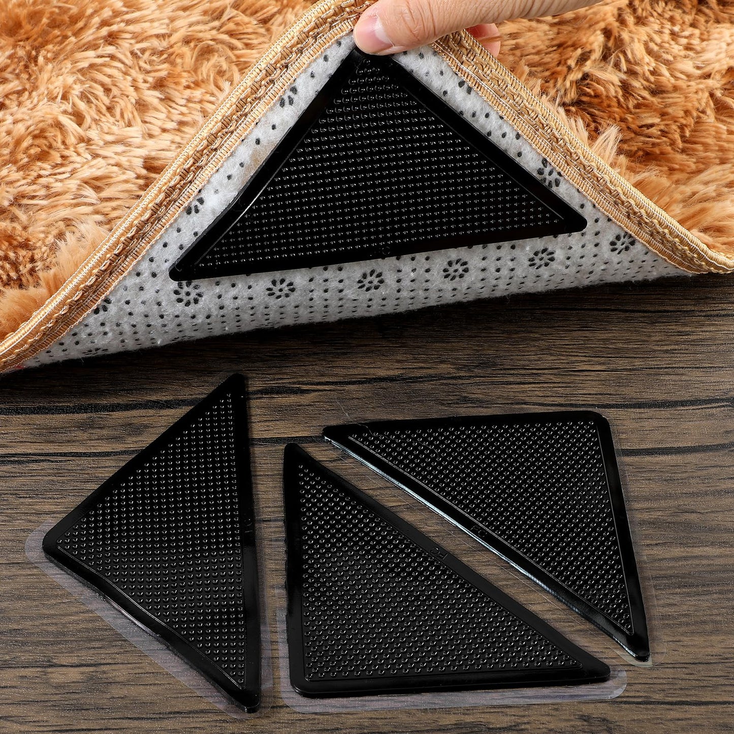 Mabor Rug Grippers 4Pcs Double Sided Reusable Adhesive Rug Tape for Carpet with 4Pcs Auxiliary Rug Stickers for Rough Carpet Anti Slip Rug Grips for Wooden Laminate Hard Floors Tile