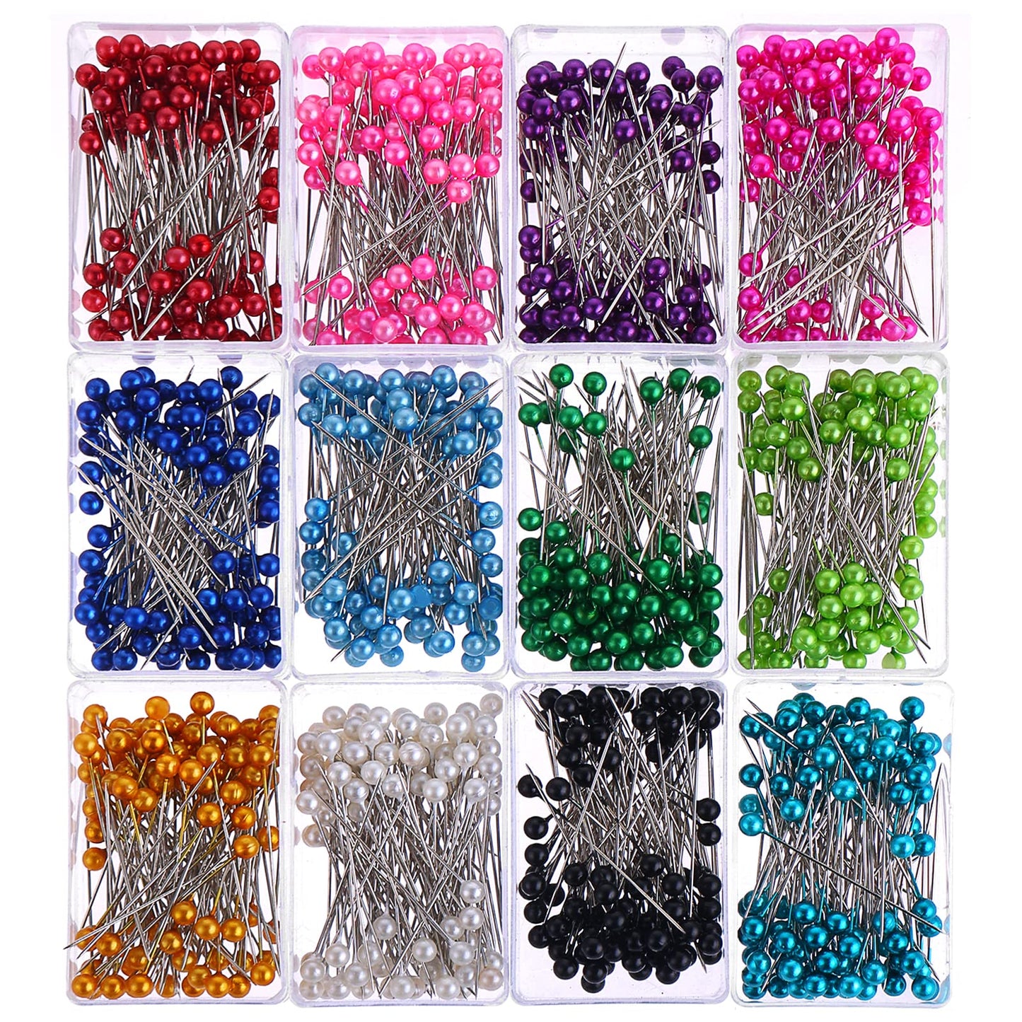 Pack of 1200 Colourful Pins with Head 40 mm Length Pins Colourful Glass Head Pins Stainless Steel Pins with Head Round Multicoloured Pins for Crafts Sewing Hemming Craft Jewellery Decoration