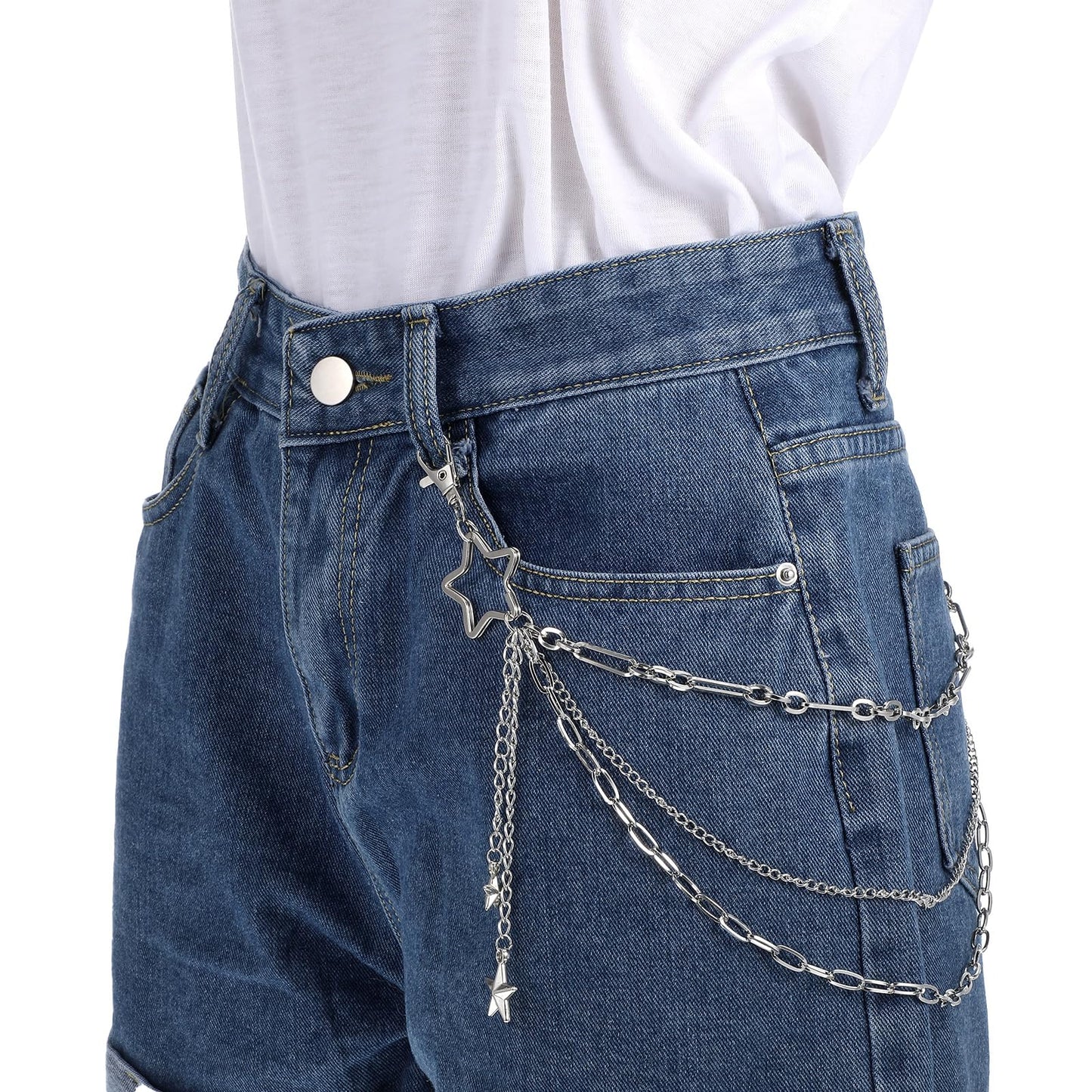 Star Pants Chain, Silver Layered Goth Jean Chain Punk Pocket Accessories Clasps Metal Punk Pocket Star Adjustable Hip Hop Wallet Chain with Lobster for Men and Women