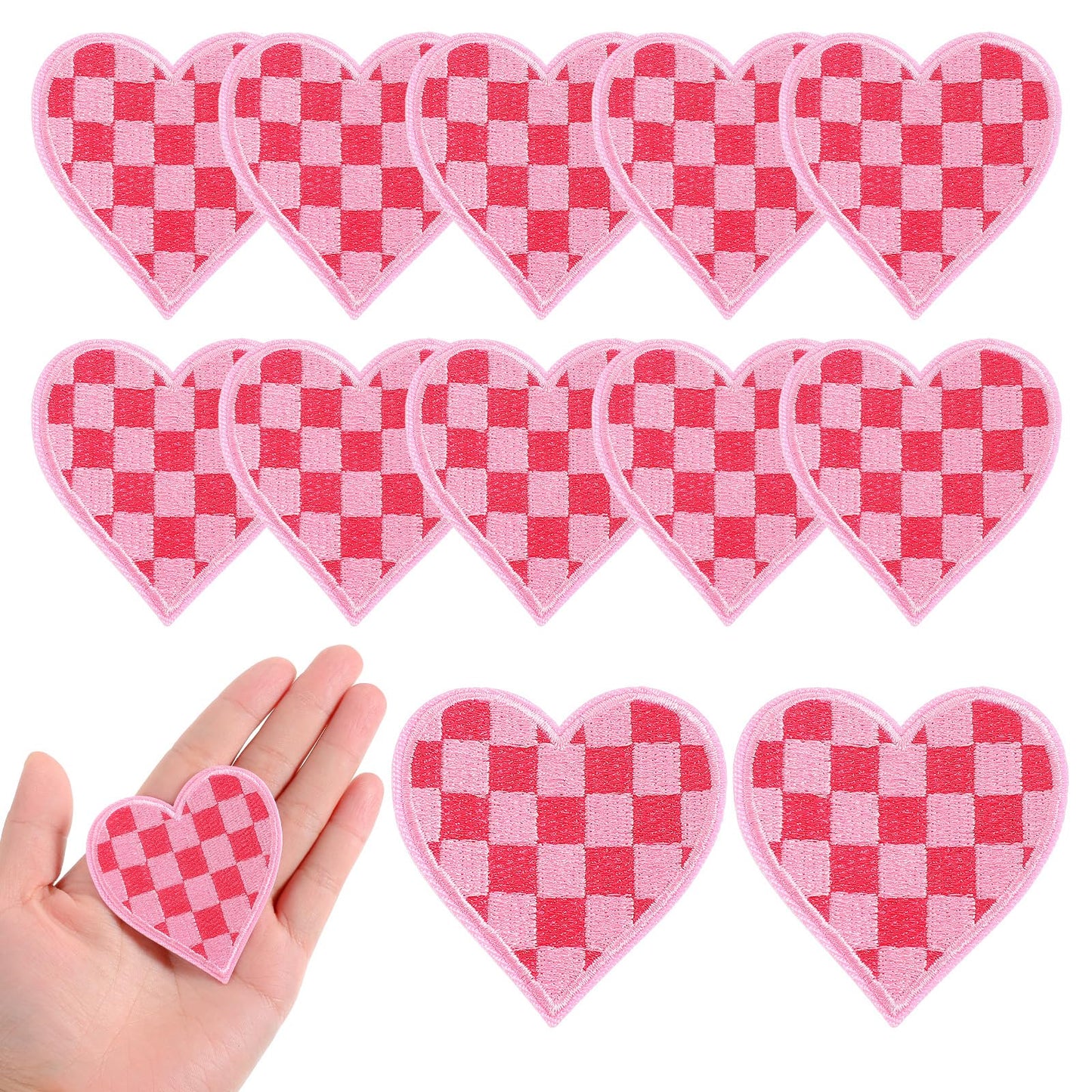 10 Pcs Heart Iron on Patches Pink Heart Sew on Patches Classic Checkered Applique Decorative Heart Patches Sew on Racing Day Pink Checkered Embroidery Patches or Clothes Dress Hat Jeans DIY Craft