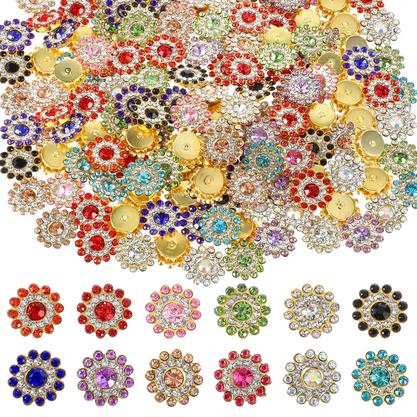 14mm 100 PCS Sew on Rhinestones Sunflower Claw Rhinestones Sunflower Crystal Glass Sew on Rhinestones Flowers for Clothes 3 Layers Rhinestones Sunflower for DIY Crafts Clothes Shoes Belt(Mixed Color)
