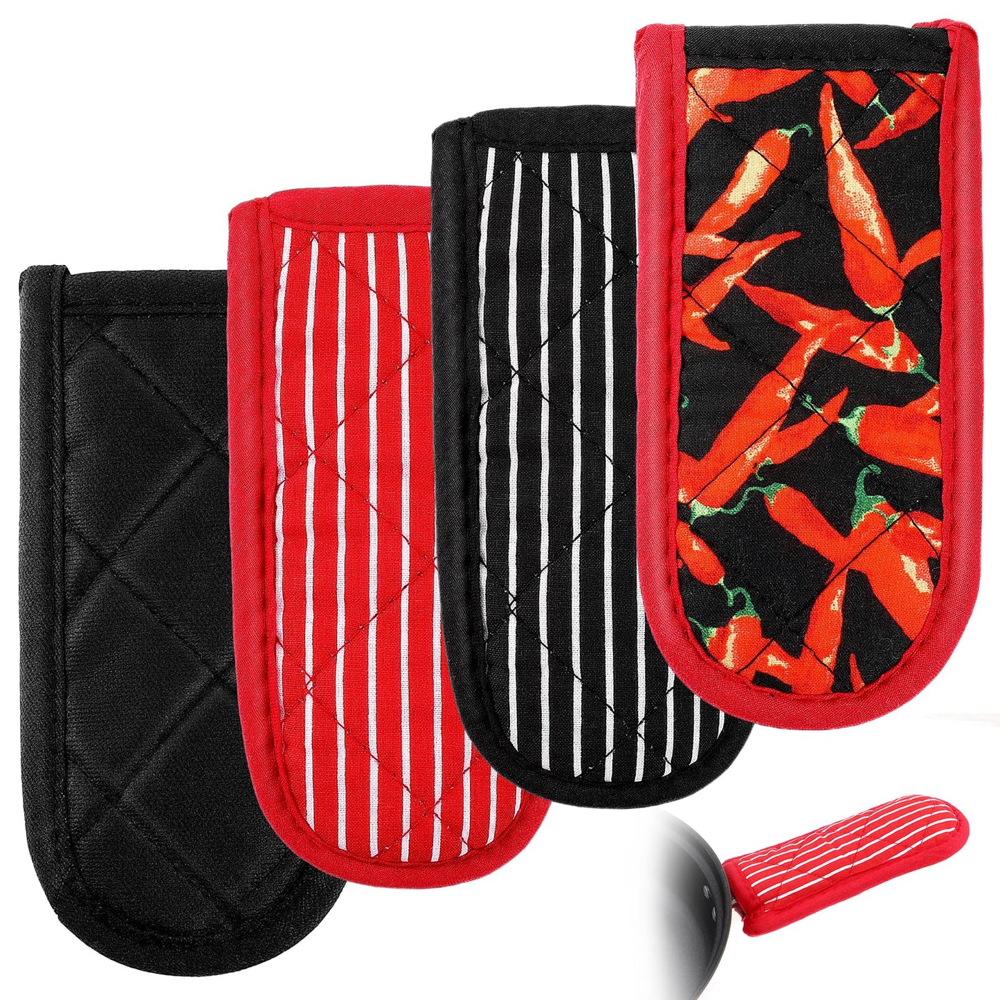 Xindojuz 4 PCS Cast Iron Skillet Handle Cover, 4 Style Heat Resistant Pan Pot Handle Covers Non-Slip Machine Washable Cotton Pan Handle Holders Sleeves Mitts for Kitchen BBQ Baking Cookware(Red Black)
