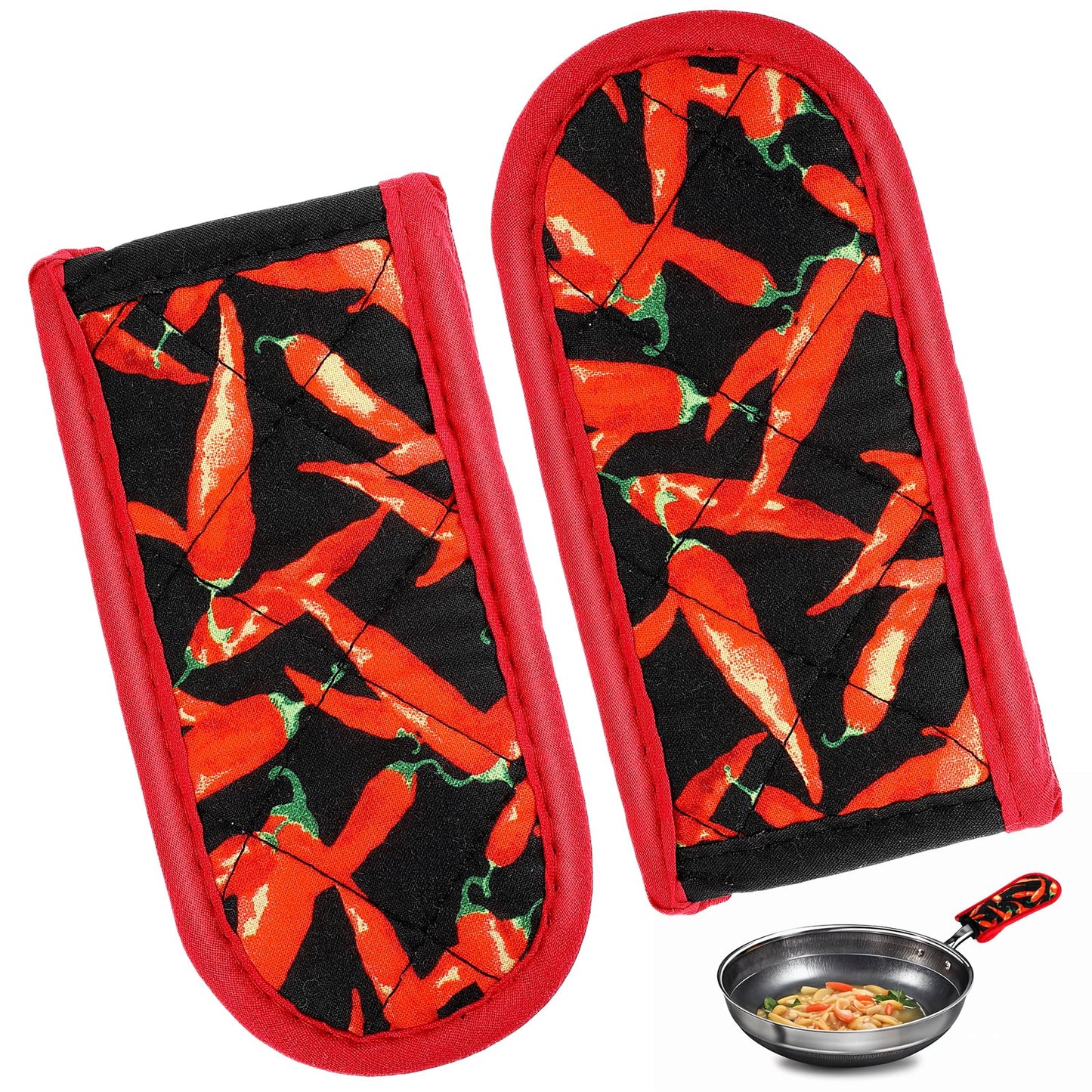 Xindojuz 2 PCS Cast Iron Handle Cover, Red Pepper Cast Iron Skillet Handle Covers Heat Resistant Pan Pot Handle Holders Non-Slip Cotton Hot Holder Sleeves Mitt for Kitchen, BBQ and Baking Cookware