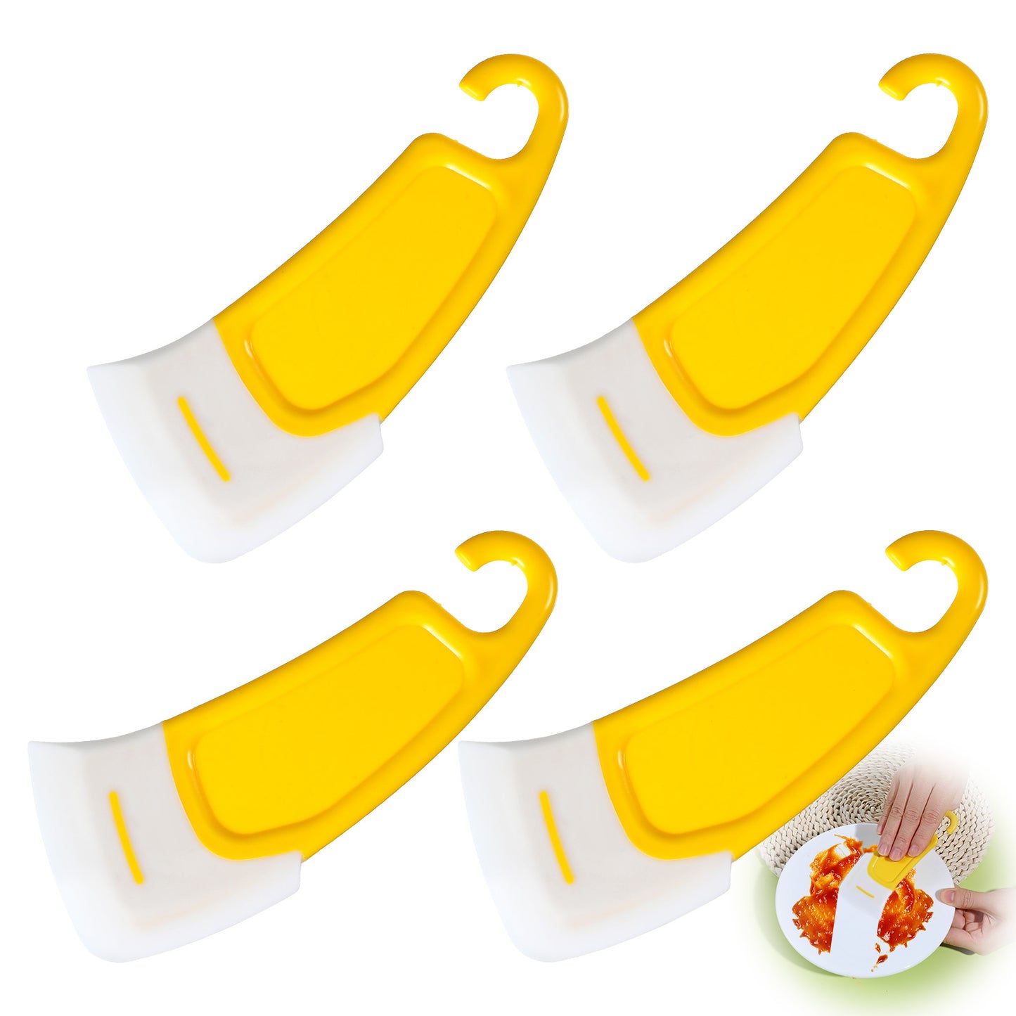 4PCS Kitchen Scraper Food Grade Silicone Spatula, 2024 New Multifunctional Scraper Spoon, Pot Dish Bowl Pan Scraper, Reusable Scratch Free Resistant Heat Resistant Rubber Kitchen Cleaning Tool(Yellow)