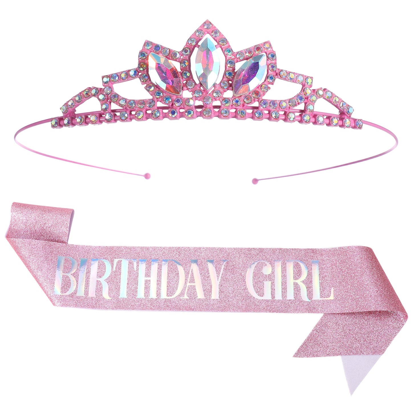 Ouligay Pink Birthday Sash and Crown for Girls Crystal Rhinestone Birthday Tiara Glitter Princess Headband Accessories Decorations Set for Gift