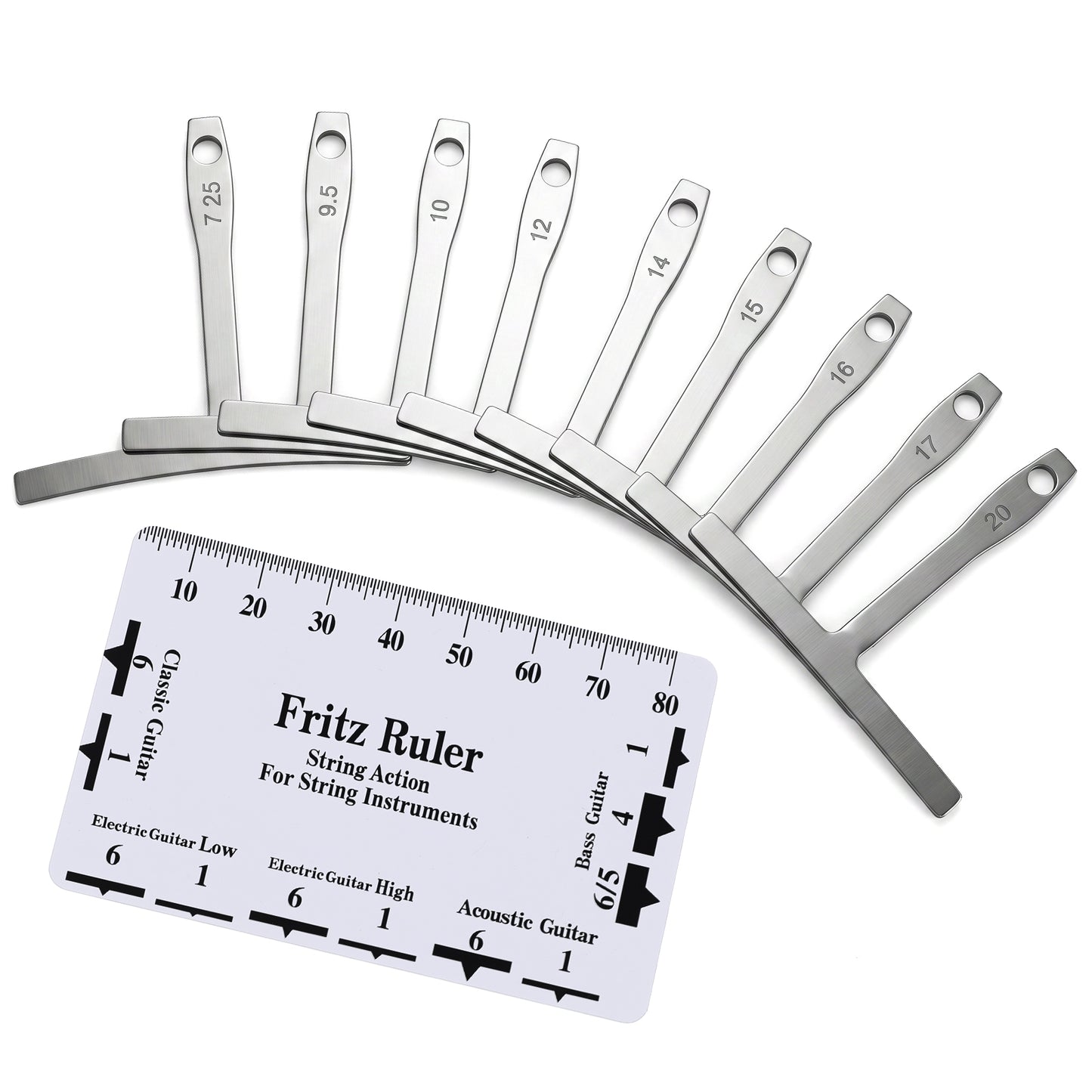10 Pieces Guitar Luthier Tools Set 9 Guitar Radius Gauge 1 String Action Height Gauge Ruler Measuring Tool for Bass Setup Instrument Maintenance Adjustment Steel Color Stainless Steel Material