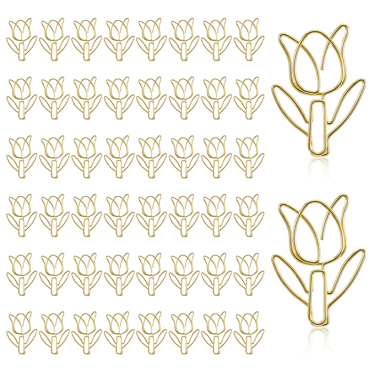 50pcs Cute Flower Shaped Paper Clips Tulip Shape Floral Papers Gold Papers Clip Funny Cutes Paperclips Bookmarks Stainless Steel for Office Supplies Desk File Organization Wedding Decoration