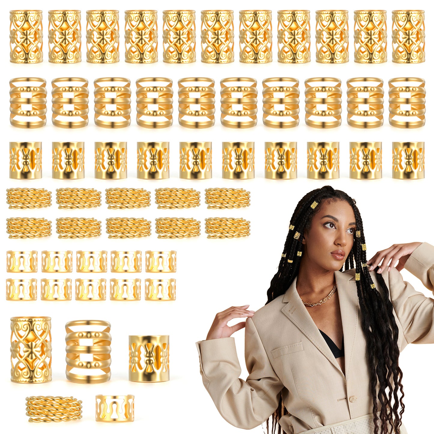 Ouligay 50pcs Gold Hair Cuffs Charms Rings for Braids Gold Hair Jewellery