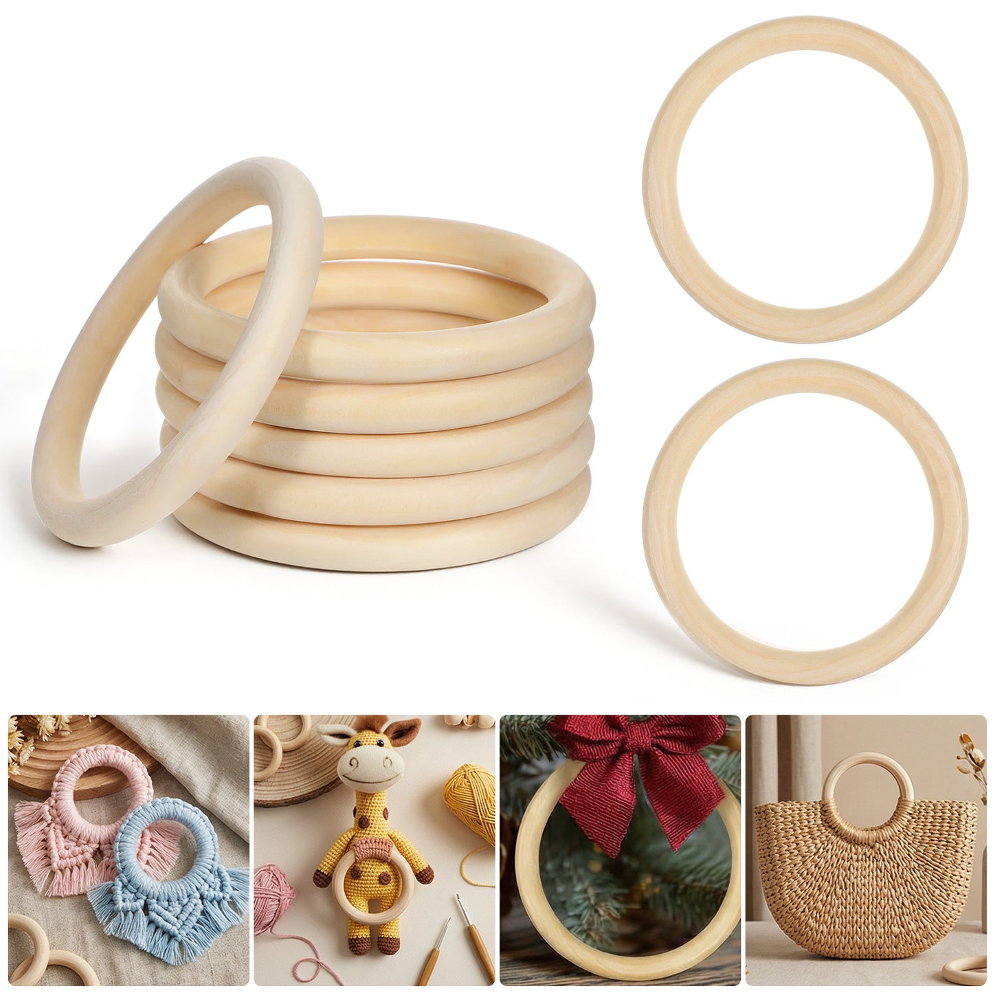 Ouligay 6 PCS Wooden Rings for Crafts, Unfinished Natural Wood Rings 4inch/100mm Macrame Ring for Pendant and Connectors Jewelry Making DIY Craft Supplies
