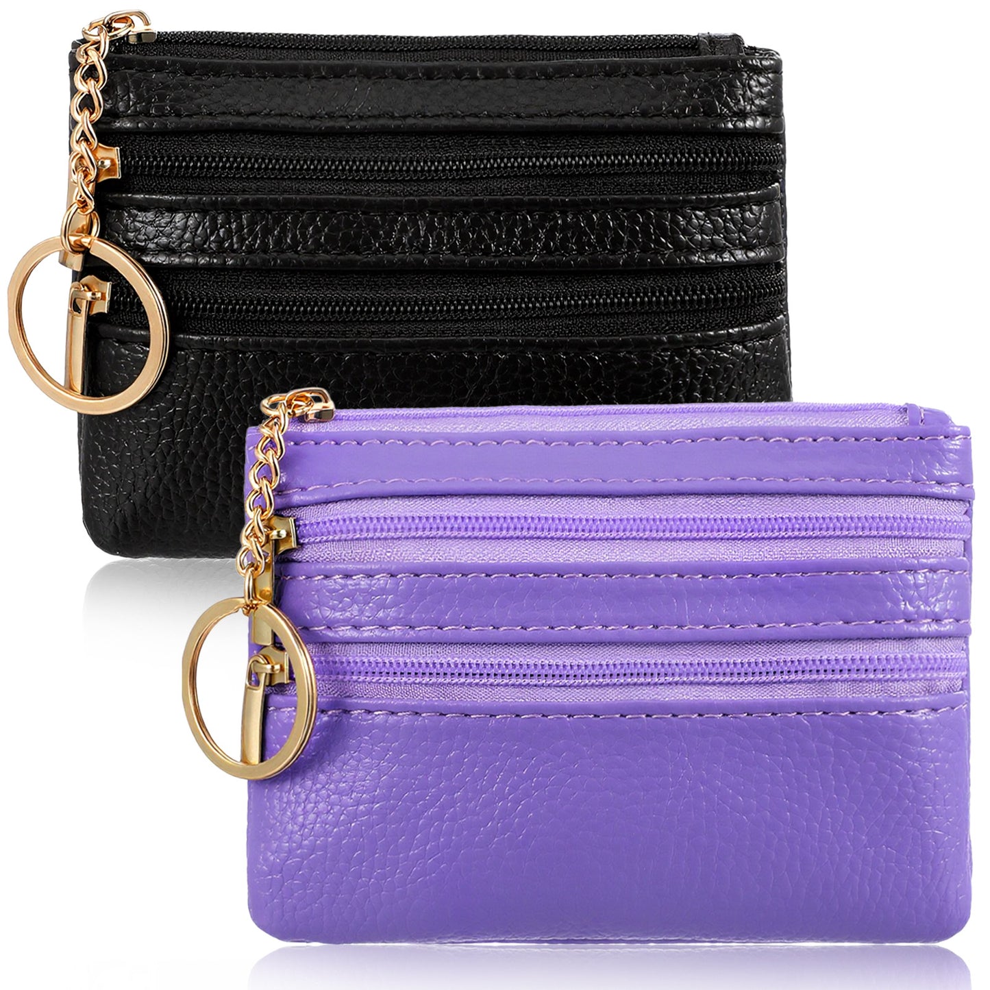Shimmeroo 2Pcs Small Coin Purses for Women,Leather Key Pouch with Zip Wallet Leather Coin Wallet with Keychain Card Holder Key Chain Pouch for Women Men(Black,Purple)