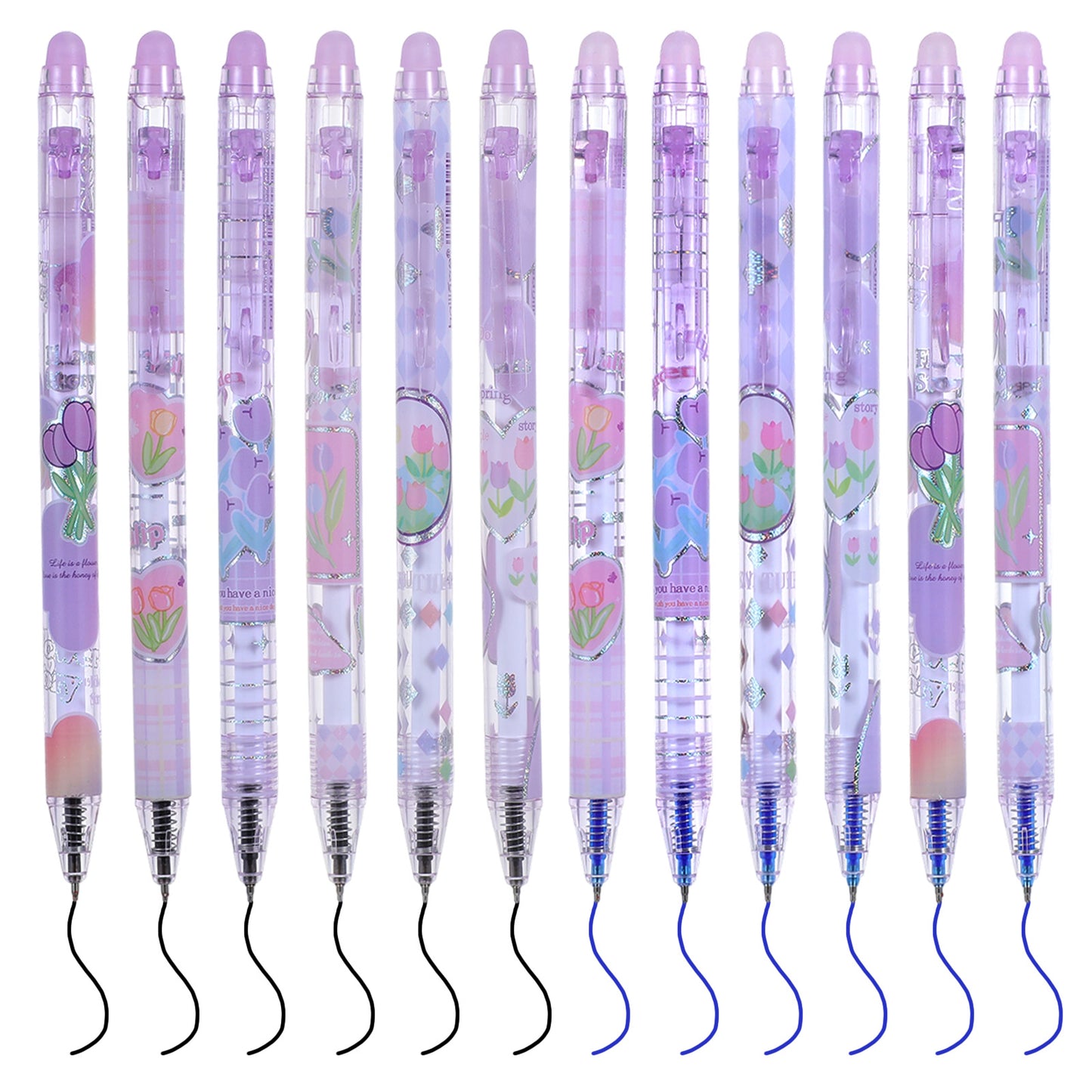 Ymapinc 12pcs Tulip Erasable Gel Pens,0.5mm Erasable Retractable Pen Black Blue Pen with Eraser for School Office Notes Marking Writing Planner,Purple