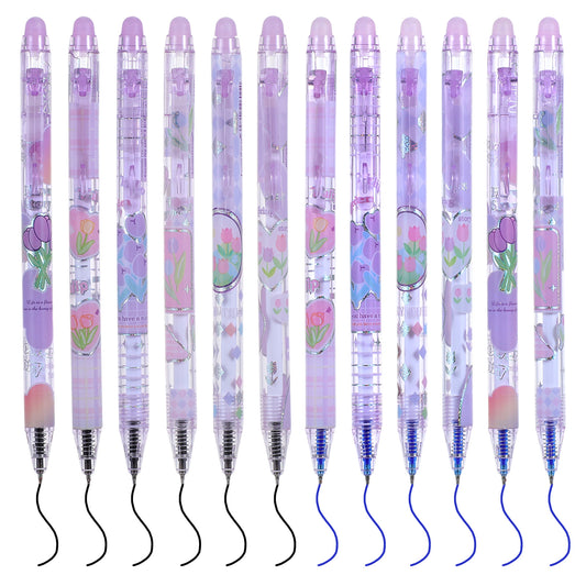 Ymapinc 12pcs Tulip Erasable Gel Pens,0.5mm Erasable Retractable Pen Black Blue Pen with Eraser for School Office Notes Marking Writing Planner,Purple