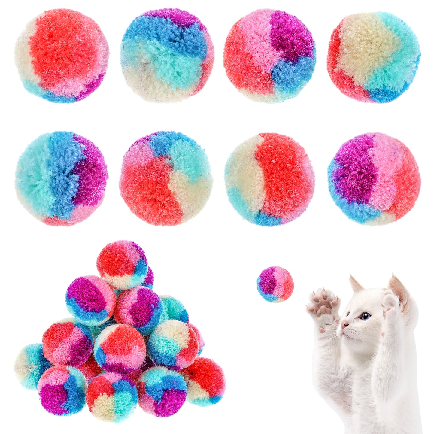 30PCS Cat Toys Balls 1.2“ Pom Pom Balls, Interactive Christmas Yarn Puff Cat Ball Toy, Rainbow Small Plush Kitty Soft Balls, Training Fuzzy Cat Balls for Exercise and Entertainment, Multicolor