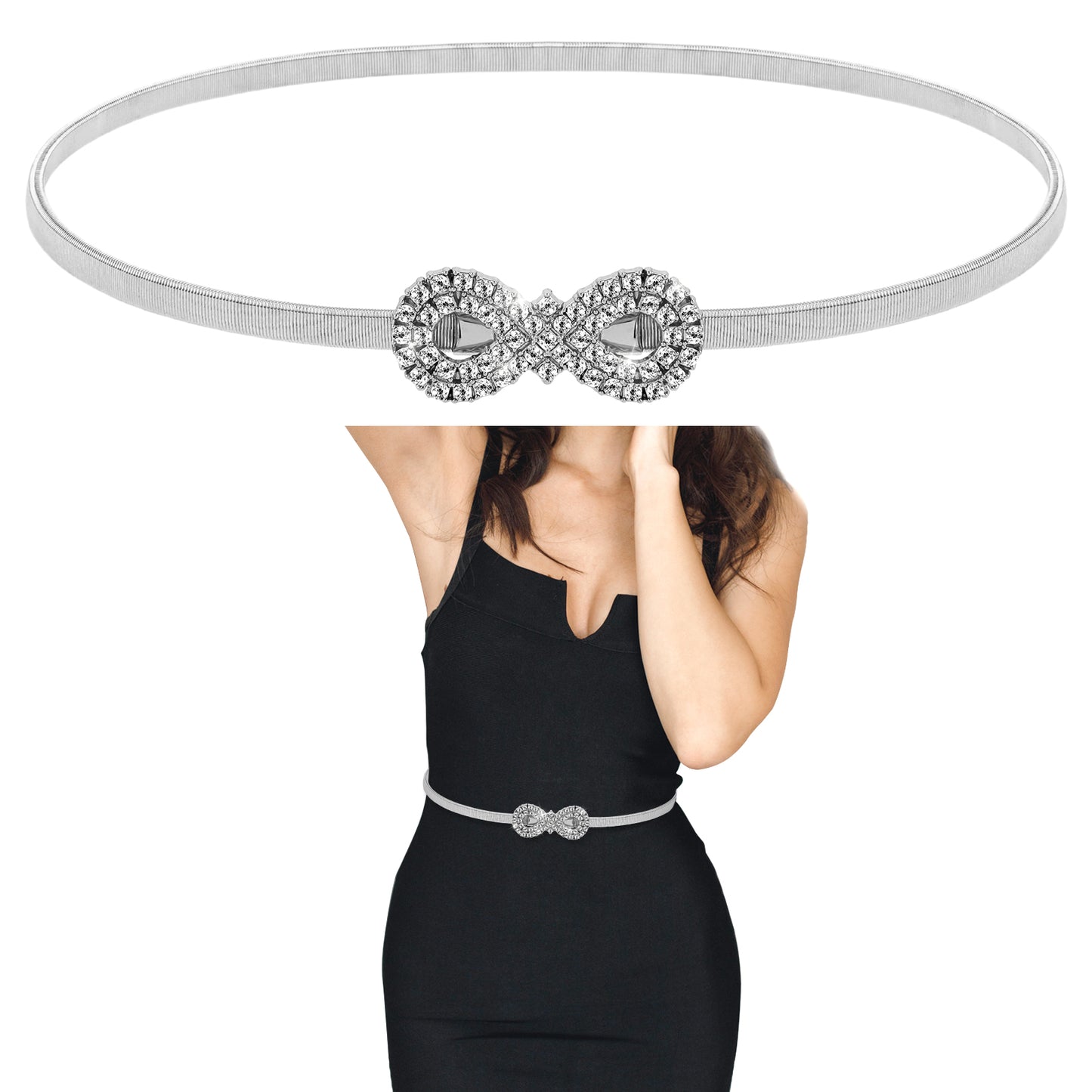 Silver Diamante Belt Chain Elastic Metal Waist Belt, Bling Skinny Rhinestone Crystal Belts, Versatile Stretch Pendant Rope Chain Belts for Women Girls Dresses Jeans